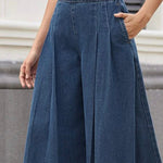Loose Wide Leg Pleated Pockets Solid Color Jean Pants Bottoms Trousers