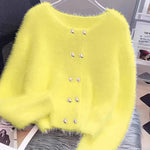 Luna ��� Fluffy Heart-Button Knit Sweater