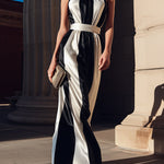 Black & Ivory Halter Neck Color-Block Satin Maxi Dress