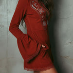Retro Bell Sleeve Embroidered Rust Red Microsuede Lace Mini Dress