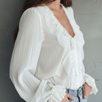 Vintage Victorian V-Neck Ruffle Lace Blouse