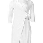 Three-Quarter Sleeves Pleated Solid Color Split-Front Tied Waist V-Neck Mini Dresses
