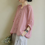 Black&Pink High-Low Half Sleeve Ramie Cotton Loose Shirt