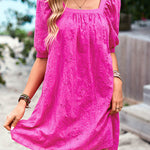 Loose Puff Sleeves Jacquard Solid Color Square-Neck Mini Dresses