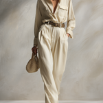Women's Elegant Beige Long-sleeved Pants Suit Made Of High-quality Natural Cotton And Linen Fabric