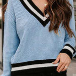 V-neck long-sleeved color-block sweater