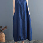 A-Line Loose Buttoned Pleated Solid Color Round-Neck Midi Dresses