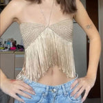 Boho Style Handmake Knit Patchwork Tassel Hem Thin Straps Loose Tank