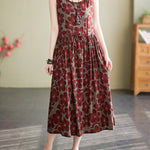 Loose Oversize Drawstring Floral Printed Round-Neck Midi Dresses