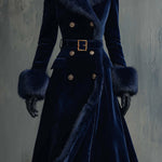 Elegant Mid-length Velvet Coat With Faux Fur Collar