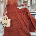 Bohemian Style V-neck Backless Slip Layered Vacation Maxi Dress