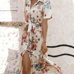 A-Line Loose Buttoned Flower Print Tied Waist Lapel Midi Dresses