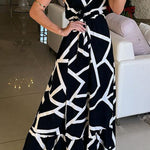 Fashionable Color Block Print Suspenders Waist Tie Slit Maxi Dress