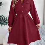 A-line Long Sleeves Buttoned Pleated Solid Color Tied Lapel Midi Dresses Shirt Dress