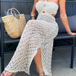 Sunset Beach Stroll Knit Texture Cutout Detail Halter Stretch Maxi Dress
