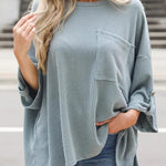 Kpion Pocket Crew Neck Button Down Long Sleeve Top