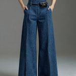 Wide Leg No Belt Solid Color Split-Front Jean Pants Bottoms Trousers
