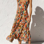 V Neck Tie Waist Abstract Print Midi Cami Dress
