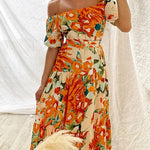 Off Shoulder Belted Ruffle Swing Printed Maxi Dress