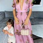 Deep V Neck Waisted Surya Floral Print Maxi Dress