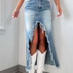 Margovil Frayed High Low Hem Distressed Maxi Skirt