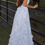Margovil Back Lace-up Ruffle Hem Slit Floral Print Maxi Cami Dress