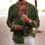 Men's Casual Solid Color Lapel Cotton Linen Long-Sleeved Shirt