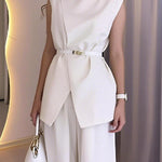 Loose Sleeveless Split-Front Split-Joint Round-Neck Vest Top