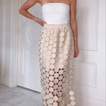 Casie See Through Circle Embroidery Elastic Waist Tassle Hem Maxi Skirt