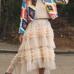 Elegant Mood Tulle Pleated Ruffle Elastic Waist Tiered Midi Skirt