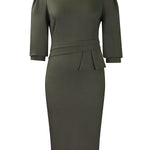Bodycon Half Sleeves Pleated Solid Color Split-Back Split-Joint Zipper Round-Neck Midi Dresses