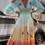 Gigi Unique Pattern Gradient Print Smocked Elastic Waist Fringed Maxi Dress