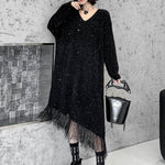 Irregularity Long Sleeves Contrast Color Sequined Shiny Split-Joint Tasseled V-Neck Midi Dresses Sweater Dresses