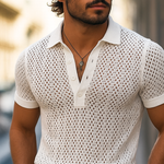 Men's Solid Hollow Out Plaid Knit Lapel Short Sleeve Polo Shirt