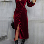 High Waisted Long Sleeves Solid Color Split-Side Tied Waist Velvet Deep V-Neck Maxi Dresses