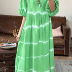 Striped tie-dye bubble half-sleeve V-neck casual dress