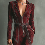 Women's Burgundy Retro Faux Suede Color-Contrast Maxi Dress