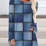 Crew Neck Long Sleeve Denim Pattern Mid-length Blouse