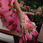 Cheongsam Style Rose Floral Print Tiered Flare Sleeve Stretch Maxi Dress