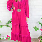 Rose Red Shirred V Neck Long Sleeve Velvet Dress