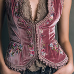 Vintage Dusty Rose Velvet Embroidered Vest With Lace Trim