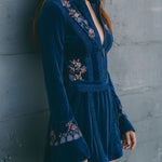 Boho Blue Velvet Zipper Front Lace Trim Embroidered Mini Dress