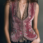 Vintage Dusty Rose Velvet Embroidered Vest With Lace Trim