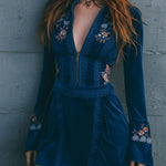 Boho Blue Velvet Zipper Front Lace Trim Embroidered Mini Dress