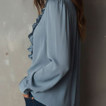 Dusty Blue Ruffle Front V-Neck Button Chiffon Blouse