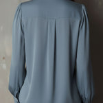 Dusty Blue Ruffle Front V-Neck Button Chiffon Blouse