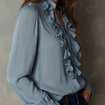 Dusty Blue Ruffle Front V-Neck Button Chiffon Blouse
