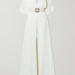 Solid Color Split-Front Contrast Color Tied Waist High Waisted V-Neck Jumpsuits