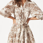 Loose Puff Sleeves Pleated Printed Split-Joint Tied Waist Lapel Mini Dresses Shirt Dress