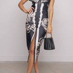 Unique Bella Contrast Color Unique Print Dolman Sleeve Ruched Slit Midi Dress